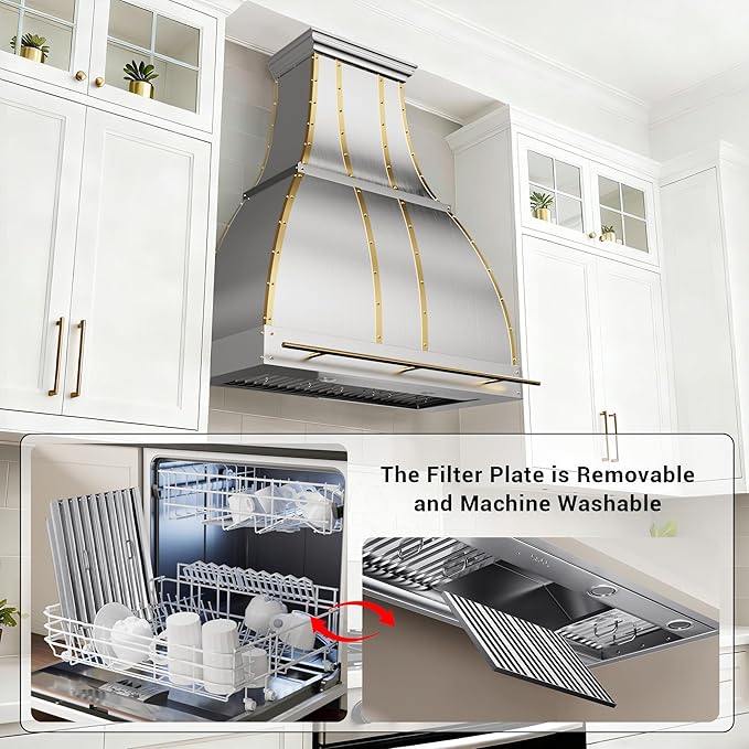 CHETTO C Stainless Steel Range Hood Cover with Quiet Vent Hood Insert Custom Handcrafted Metal Kitchen Fan with Towel Rack LED Light 30"W x24"D x27"H Brushed Stainless Steel Wall Mount