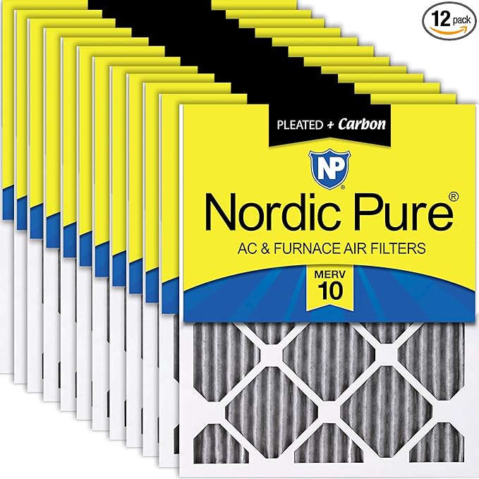 Nordic Pure 16x16x1 (Actual Size: 15 3/4 x 15 3/4 x 3/4) Furnace Air Filters MERV 10 Pleated Plus Carbon 12 Pack