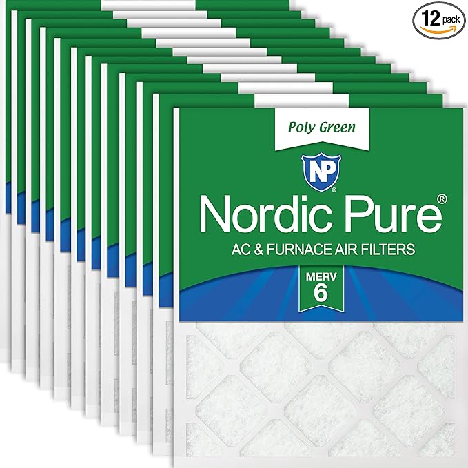 Nordic Pure 16x16x1 (Actual Size: 15 3/4 x 15 3/4 x 3/4) Poly Green MERV 6 AC Furnace Air Filters – Reduces Dust, Pollen, Pet Dander & Allergens – 12-Pack