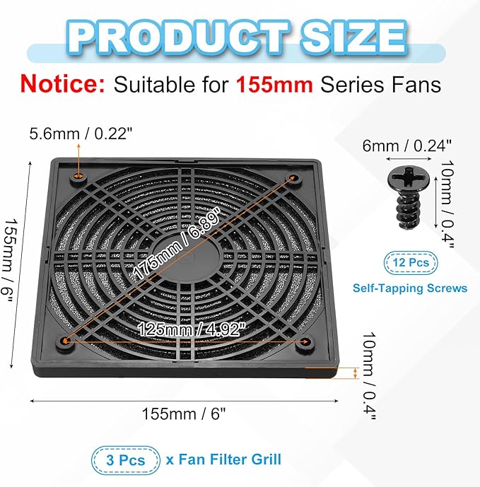 PATIKIL 150mm Fan Filter Grill, 3 Pcs Plastic Ventilation Dustproof Grill Cover Cooling Ventilator with Screws for Industry Workshop Computer Case Refrigerators Air Conditioning, Black