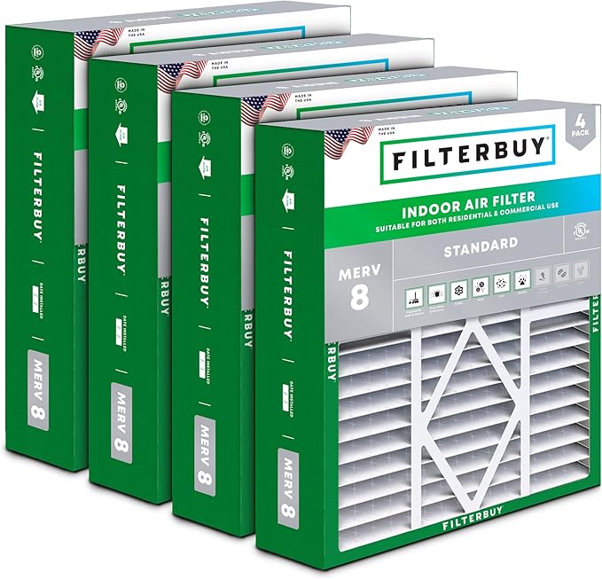 Filterbuy 19x20x5 Air Filter MERV 8 Essential Dust & Allergy Defense (4-Pack), Pleated HVAC AC Furnace Filters for Bryant, Carrier, BDP, Day & Night, and Payne (Actual Size: 19.06 x 19.81 x 4.25)
