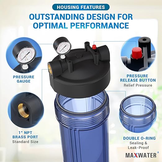 Max Water Whole House 20" x4.5" Purple Clear WH Water Filter Housing 1 inch Inlet/Outlet Ports with Pressure Gauge Wrench and Bracket (3 Housing + 2 Pressure Gauge)