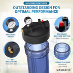 Max Water Whole House 20" x4.5" Purple Clear WH Water Filter Housing 1 inch Inlet/Outlet Ports with Pressure Gauge Wrench and Bracket (3 Housing + 2 Pressure Gauge)