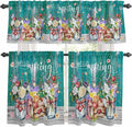 Spring Flowers Kitchen Curtains Set 3 Piece for Windows, Rod Pocket Valance and Tier Set 24 Inch Length, Farmhouse Watercolor Teal Wood Grain Light Filtering Cafe Curtains for Living Room Bathroom