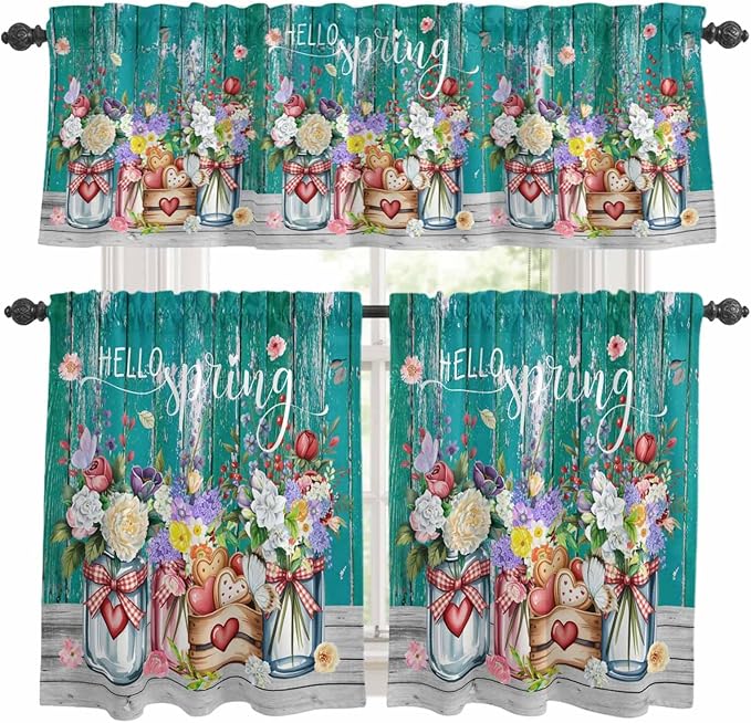 Spring Flowers Kitchen Curtains Set 3 Piece for Windows, Rod Pocket Valance and Tier Set 36 Inch Length, Farmhouse Watercolor Teal Wood Grain Light Filtering Cafe Curtains for Living Room Bathroom