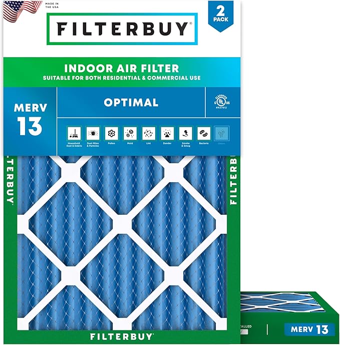 Filterbuy 18x25x2 Air Filter MERV 13 Optimal Smoke & Allergy Defense (2-Pack), Electrostatic Pleated HVAC AC Furnace Filters Replacement, Made in USA (Actual Size: 17.50 x 24.50 x 1.75)