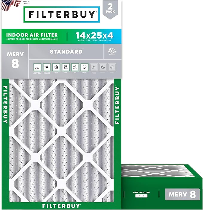 Filterbuy 14x25x4 Air Filter MERV 8 Essential Dust & Allergy Defense (2-Pack), Electrostatic Pleated HVAC AC Furnace Filters Replacement, Made in USA (Actual Size: 13.88 x 24.88 x 3.63)