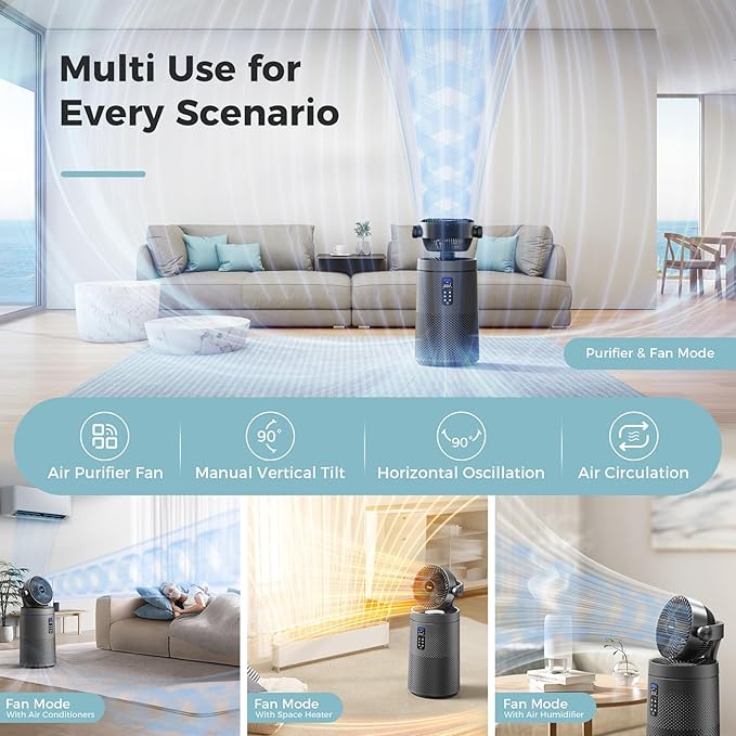 AROEVE Air Purifiers Fan for Home Large Room With 2-In-1 Air Circulator Fan System And Smart WIFI Cover 1980 Sq.Ft Oscillating Air Purifier With Washable Filter For Indoor Whole Home, MK08W-Space Gray
