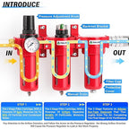 TAILONZ PNEUMATIC 0-150PSI 1/4 Inch NPT Aluminum Alloy Industrial Grade Three Stage Air Drying System, Particulate Filter, Coalescing Filter, Desiccant Dryer and Air Regulator (Manual Drainage)