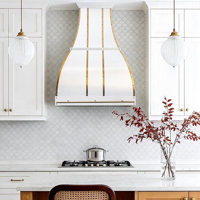 CHETTO C Stainless Steel Range Hood Cover with 4-Speed Vent Hood Insert Custom Handcrafted Metal Kitchen Fan with Towel Rack LED Light 36"W x24"D x27"H White Wall Mount