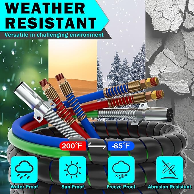 CheeMuii 15FT Semi Truck Air Line Kit with Gladhand Holder and Springs Kit Red & Blue Air Brake Hoses and 7 Way Trailer Cord 3-in-1 Air Lines Set for Semi Truck Trailer Tractor