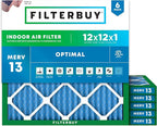 Filterbuy 12x12x1 Air Filter MERV 13 Optimal Smoke & Allergy Defense (6-Pack), Electrostatic Pleated HVAC AC Furnace Filters Replacement, Made in USA (Actual Size: 11.75 x 11.75 x 0.75)