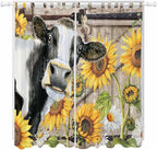 Retro Farmhouse Flower Living Room Curtains 96 Inch Length, Window Curtains Tab Top, Yellow Sunflowers Cow Barn Doors Brown Light Filtering Window Treatments Drapes 52"x96" 2 Panel