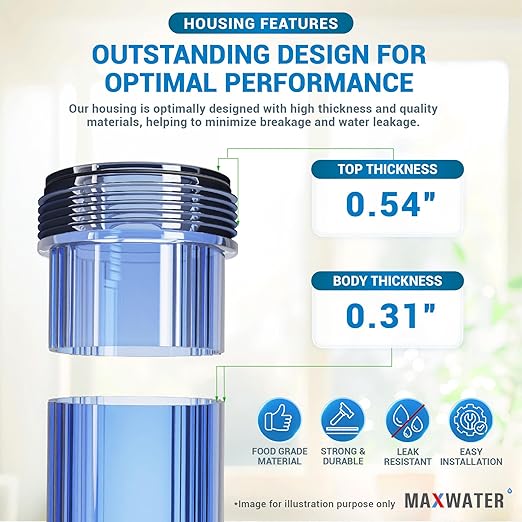 Max Water Whole House 20" x4.5" Purple Clear WH Water Filter Housing 1 inch Inlet/Outlet Ports with Wrench and Bracket (2 Housing)