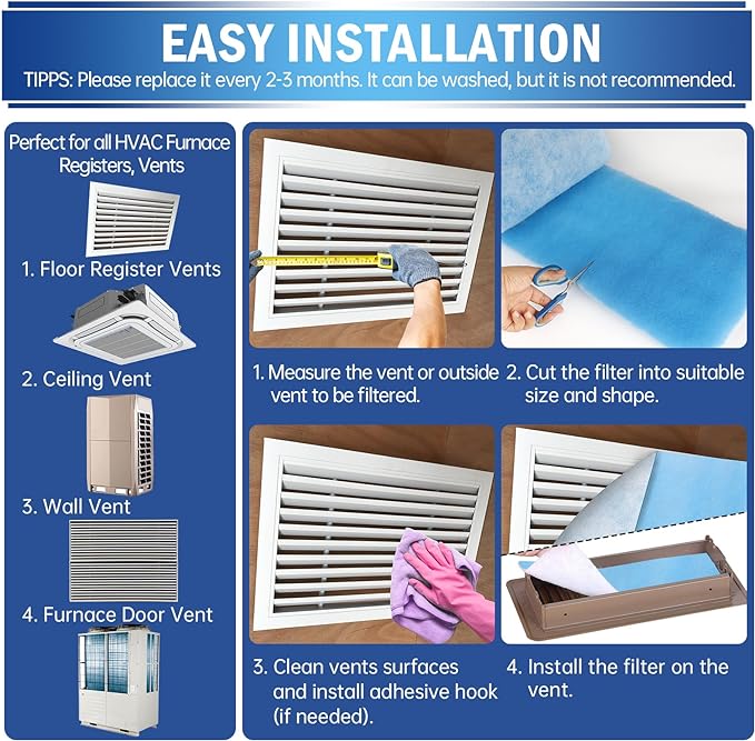 UBeesize Air Vent Filters, 16" x 90" Cut to Size Air Filter Material (50+ Filters), MERV 8 Triple Vent Filter Kit for Home Floor, Grilles, Ceiling, HVAC Furnace Vent, With 48PCs Adhesive Hook Tape
