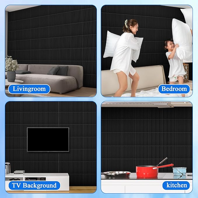 Nuanchu 32 Pcs 3D Slat Wall Panels, 12"x12" PVC Fluted Wall Paneling for Interior Decor, Paintable Waterproof Textured Tiles for Living Room TV Background Gaming Room, 32 Sq. ft Coverage (Black)