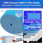Air Vent Filters, 12" x 140" Cut to Fit Air Filter Material (70+ Filters),MERV 8 Triple Electrostatic Vent Filter for AC, HVAC Furnace, Grilles and Mobile Home-Includes 48 Adhesive Hook Tape