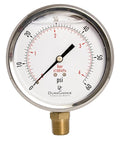 4" Oil Filled Pressure Gauge - Stainless Steel Case, Brass, 1/2" NPT, Lower Mount Connection, 0-60PSI