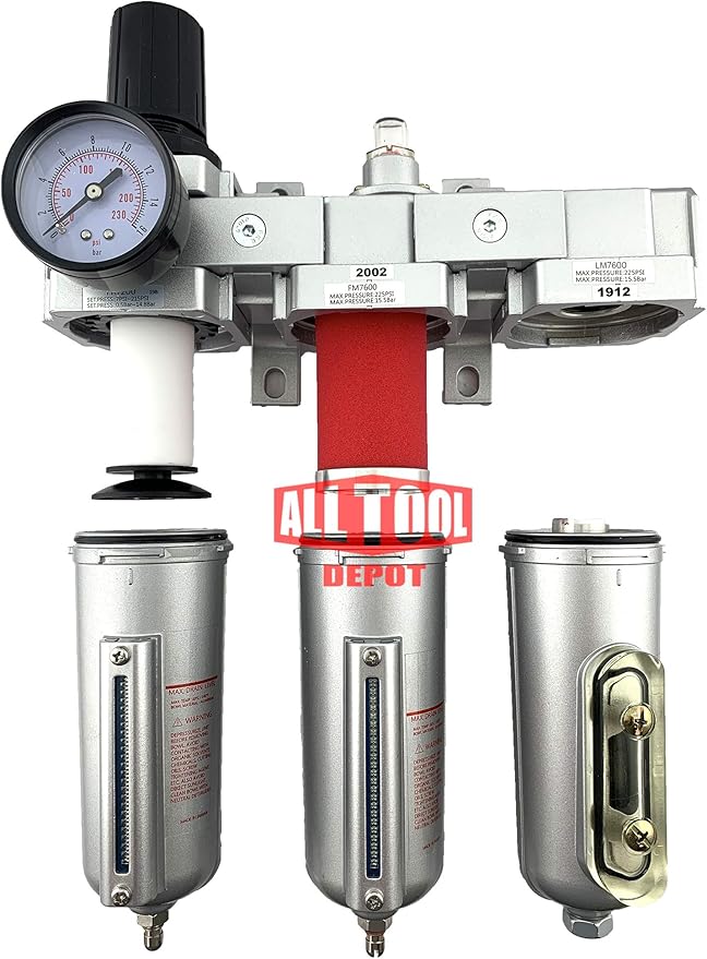 1/2" NPT HEAVY DUTY Industrial Grade Filter Regulator Coalescing Desiccant Dryer System For Compressed Air Lines, Metal Bowls, Great For Paint Spray And Plasma Cutter (MANUAL DRAIN)