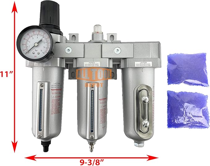 1/2" NPT HEAVY DUTY Industrial Grade Filter Regulator Coalescing Desiccant Dryer System For Compressed Air Lines, Metal Bowls, Great For Paint Spray And Plasma Cutter (AUTO DRAIN)