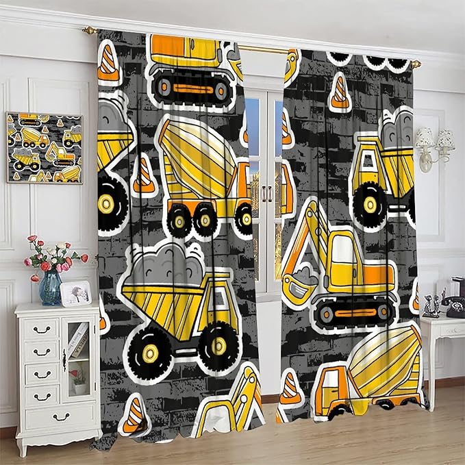 Kids Construction Excavator Window Curtains, Yellow Excavator Transporter Truck Cartoon Vehicles Rod Pocket Decorative Window Curtain for Children Teens Room 84x84in (30% Blackout)