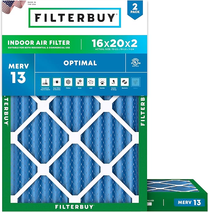 Filterbuy 16x20x2 Air Filter MERV 13 Optimal Smoke & Allergy Defense (2-Pack), Electrostatic Pleated HVAC AC Furnace Filters Replacement, Made in USA (Actual Size: 15.50 x 19.50 x 1.75)