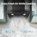 Black 30 inch Wall Mounted Range Hood Glass 900 CFM, Stainless Steel Kitchen Hood Vent with Gesture/Touch Controls, 3-Speed Exhaust Fan and Stainless Steel Baffle Filter, 2 LED Lights