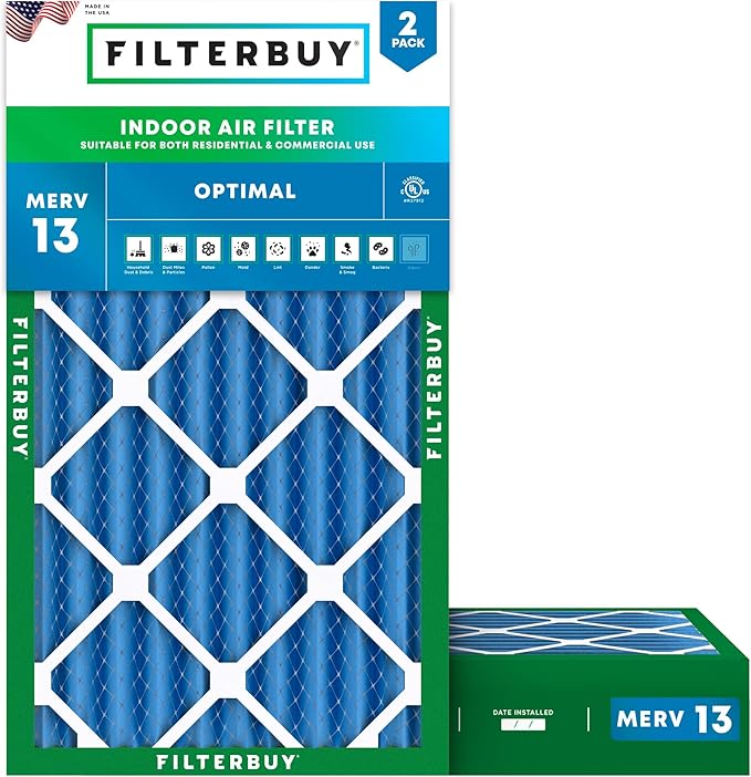Filterbuy 12x24x4 Air Filter MERV 13 Optimal Smoke & Allergy Defense (2-Pack), Electrostatic Pleated HVAC AC Furnace Filters Replacement, Made in USA (Actual Size: 11.50 x 23.38 x 3.63)