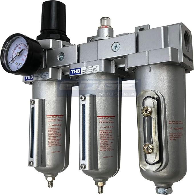3 STAGE, HEAVY DUTY INDUSTRIAL GRADE FILTER REGULATOR COALESCING DESICCANT DRYER SYSTEM FOR COMPRESSED AIR LINES, METAL BOWLS, GREAT FOR PAINT SPRAY AND PLASMA CUTTER (1/2" NPT, MANUAL DRAIN)