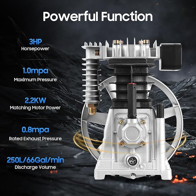 Air Compressor Pump Head, 3hp Air Compressor Pump-Head, 2200w Portable 66Gal/Min 10.24in Pulley Outer Diameter Aluminum Painting Transfer Pumps W/Air Filter Muffler, Extended Cylinder