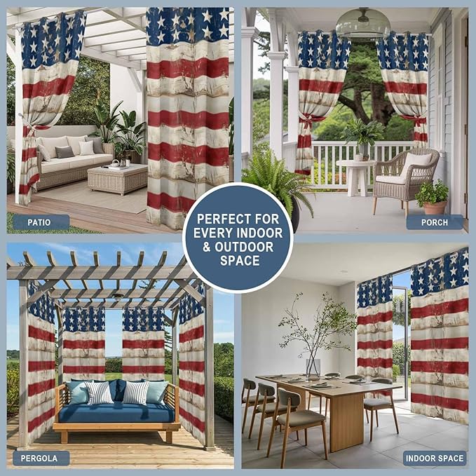 4th of July Outdoor Curtains for Patio USA Flag Independence Day Vintage Waterproof Outside Curtains with Grommet Top Weatherproof Curtain for Cabana Pergola Gazebo, 2 Pack, 54" W x 95" L