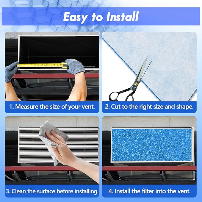 Air Vent Filter Kit - 14" x 120" Cut to Fit Air Filter Materials MERV 8 Electrostatic Media Roll for Home Floor, Ceiling, AC, HVAC, RVC Furnace Vents, With 48PCs Adhesive Hook Tape