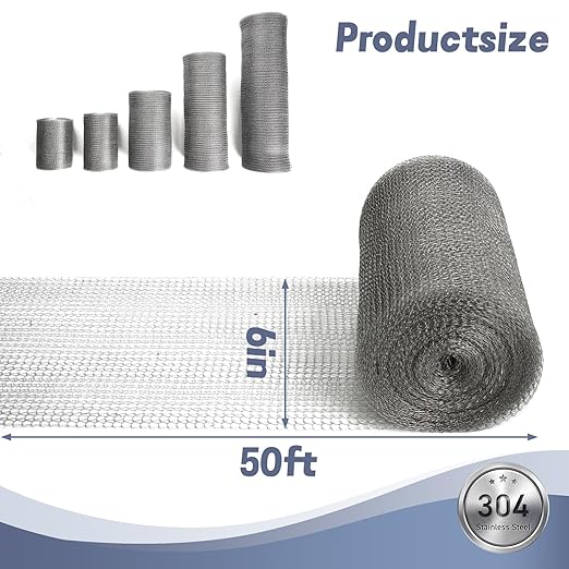 6" X 50 ft 304 Stainless Steel Mesh, Wire Mesh for Plants, Hole Fill Fabric Gap Blocker, Double Layer Metal Mesh Roll, Flexible Stretchy for Garden House and DIY (D-6" X 50 ft)