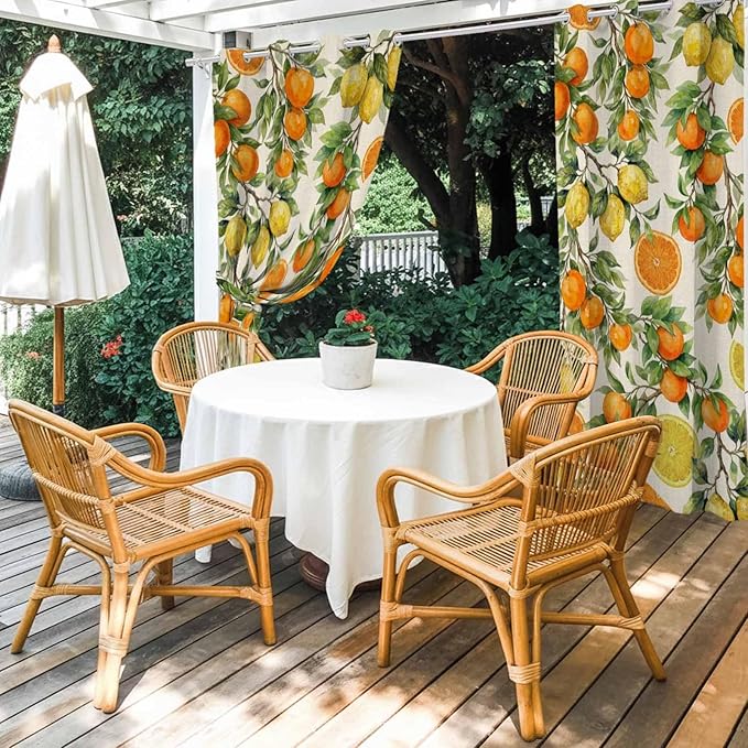 Lemons Yellow Orange Summer Plant Linen Outdoor Curtains for Patio Waterproof Outside Curtains with Grommet Top Weatherproof Curtain for Cabana Pergola Gazebo, 1 Panel, 54" W x 84" L