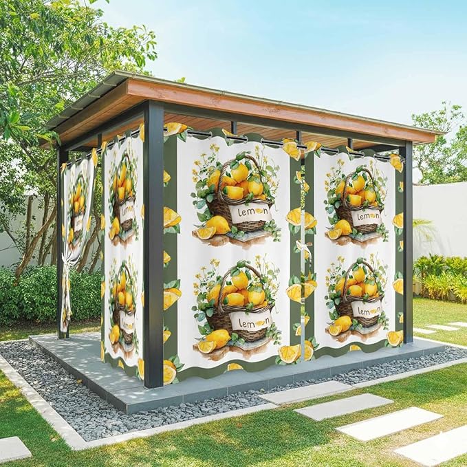 Lemon Outdoor Curtains for Patio Lemons Baskets Summer Tropical Plant Waterproof Outside Curtains with Grommet Top Weatherproof Curtain for Cabana Pergola Gazebo, 1 Panel, 54" W x 84" L