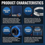 Universal Clamp-On Air Intake Filter, High Performance, Washable Filter, Replacement Air Filter, Flange Diameter 3.5inch/89mm (Blue)