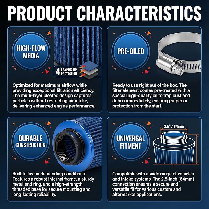 Universal Clamp-On Air Intake Filter, High Performance, Washable Filter, Replacement Air Filter, Flange Diameter 3.5inch/89mm (Blue)