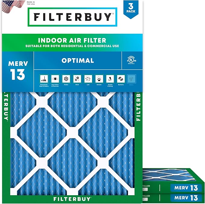 Filterbuy 21x23x1 Air Filter MERV 13 Optimal Smoke & Allergy Defense (3-Pack), Electrostatic Pleated HVAC AC Furnace Filters Replacement, Made in USA (Actual Size: 20.50 x 22.50 x 0.75)