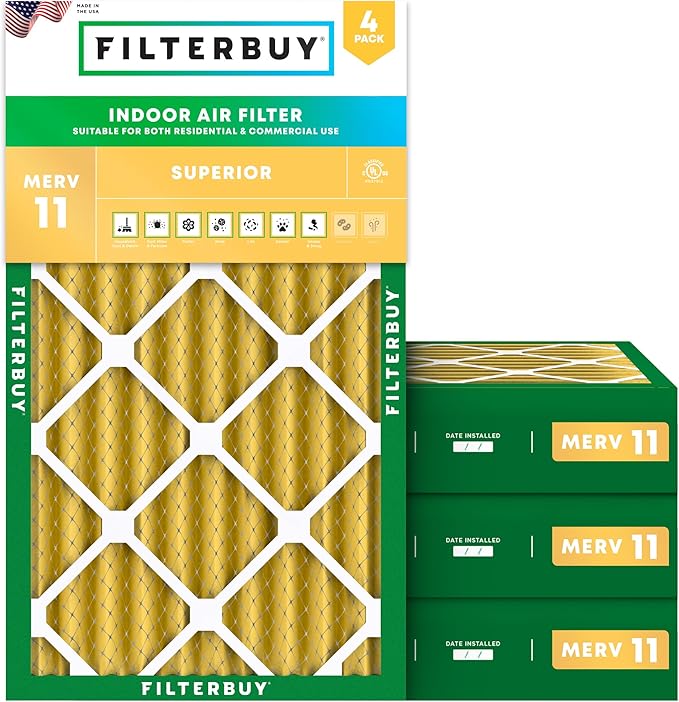 Filterbuy 14x30x4 Air Filter MERV 11 Superior Pet & Allergy Defense (4-Pack), Electrostatic Pleated HVAC AC Furnace Filters Replacement, Made in USA (Actual Size: 13.50 x 29.50 x 3.63)