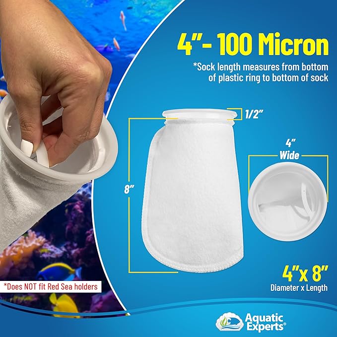Aquatic Experts 4 inch Ring 100 Micron Felt Filter Sock - Filter Socks for Saltwater Aquarium, Sump Filter Sock, Freshwater Aquarium Socks, Reef Filter Sock (4"x8", 8 Pack)