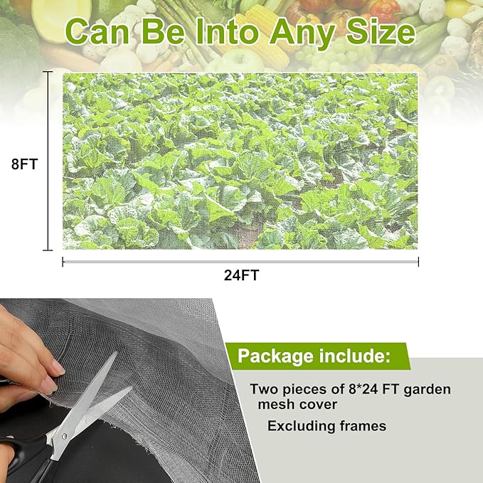 Garden Netting, 2 Pack 8x24Ft Ultra Fine Mesh Netting Pest Barrier Protection Bird Mosquito Net Plants Cover for Vegetables Fruits Flowers Crops Greenhouse Row Cover Raised Bed Patio Mesh Netting