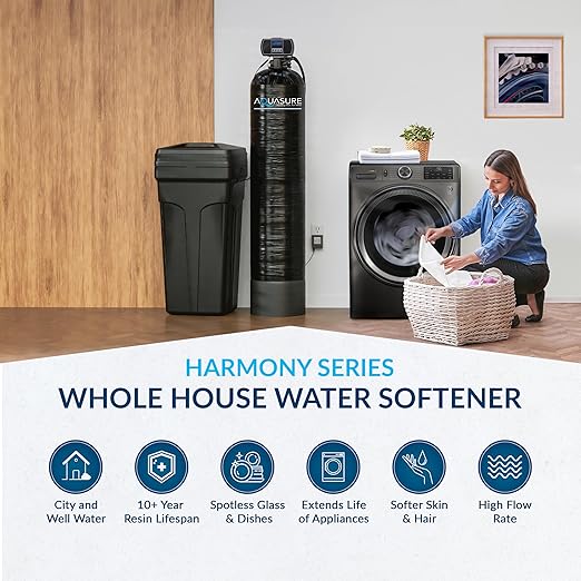 Aquasure Harmony Series 72,000 Grains Whole House Water Softener Bundle with Automatic Digital Control Head and Triple Purpose Sediment/Carbon/Zinc Filter System | Reduces Hardness (for 6+ bathrooms)