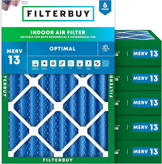 Filterbuy 20x23x4 Air Filter MERV 13 Optimal Smoke & Allergy Defense (6-Pack), Electrostatic Pleated HVAC AC Furnace Filters Replacement, Made in USA (Actual Size: 19.50 x 22.50 x 3.63)