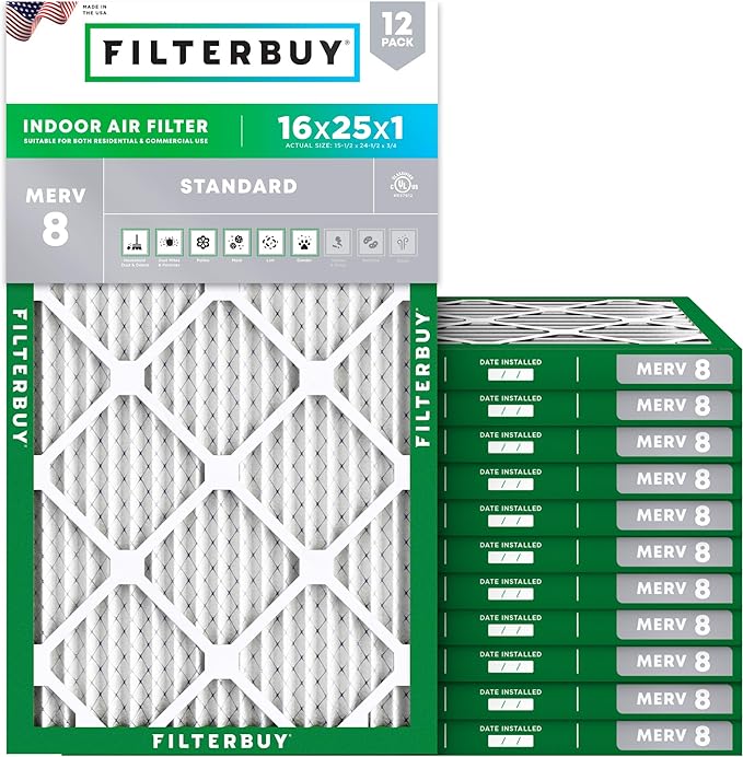 Filterbuy 16x25x1 Air Filter MERV 8 Essential Dust & Allergy Defense (12-Pack), Electrostatic Pleated HVAC AC Furnace Filters Replacement, Made in USA (Actual Size: 15.50 x 24.50 x 0.75)