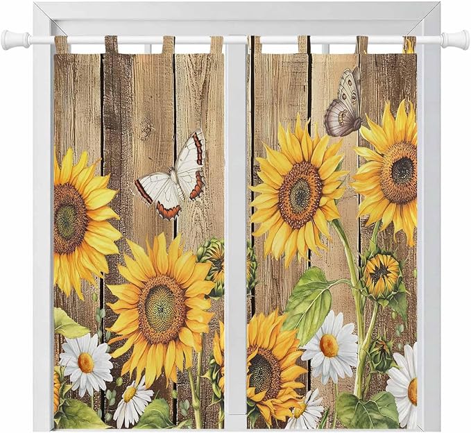 Farmhouse Sunflowers Bathroom Curtains 63 Inch Length, Window Curtains Tab Top, Rustic Floral Buttterfly Wood Board Brown Light Filtering Window Treatments Drapes 52"x63" 2 Panel