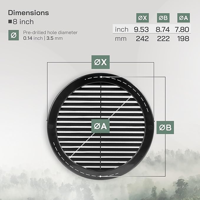 Vent Systems 8" Inch (Opening Dimensions) - Pack of 50 - Black Soffit Vent Cover - Plastic Round Air Vent Grille - Built-in Mesh Screen - HVAC Register Louver for Bathroom, Home, Kitchen