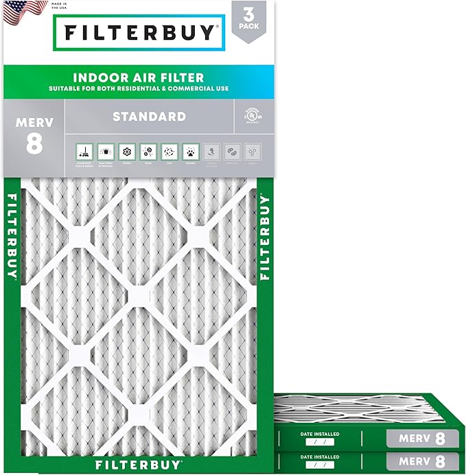 Filterbuy 14x24x1 Air Filter MERV 8 Essential Dust & Allergy Defense (3-Pack), Electrostatic Pleated HVAC AC Furnace Filters Replacement, Made in USA (Actual Size: 13.38 x 23.38 x 0.75)