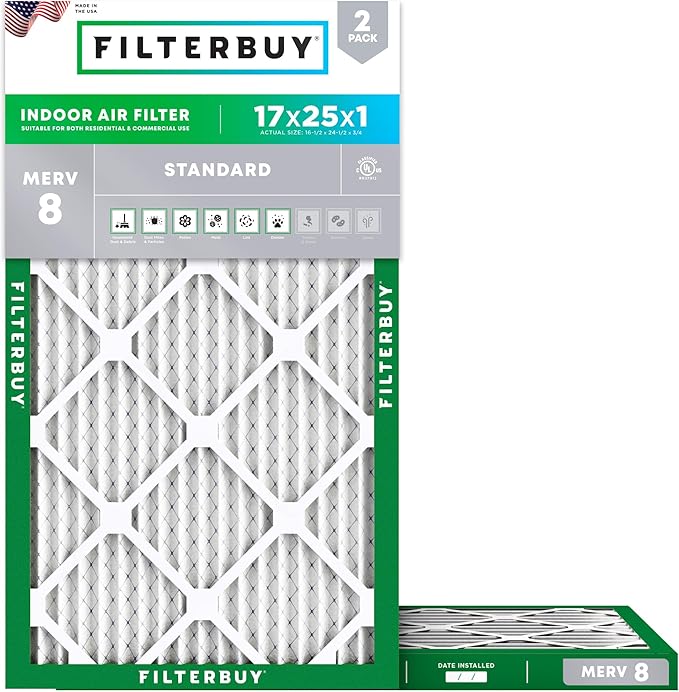 Filterbuy 17x25x1 Air Filter MERV 8 Essential Dust & Allergy Defense (2-Pack), Electrostatic Pleated HVAC AC Furnace Filters Replacement, Made in USA (Actual Size: 16.50 x 24.50 x 0.75)