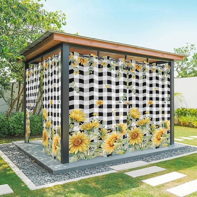 Sunflowers Outdoor Curtains for Patio Summer Floral Eucalyptus Leaf Buffalo Check Waterproof Outside Curtains with Grommet Top Weatherproof Curtain for Cabana Pergola Gazebo, 1 Panel, 54" W x 95" L