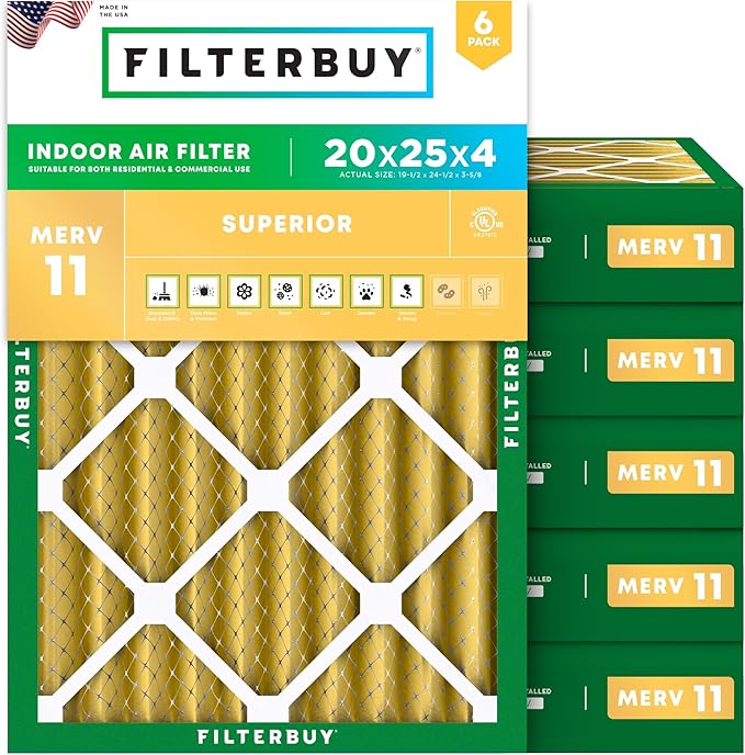 Filterbuy 20x25x4 Air Filter MERV 11 Superior Pet & Allergy Defense (6-Pack), Electrostatic Pleated HVAC AC Furnace Filters Replacement, Made in USA (Actual Size: 19.50 x 24.50 x 3.63)